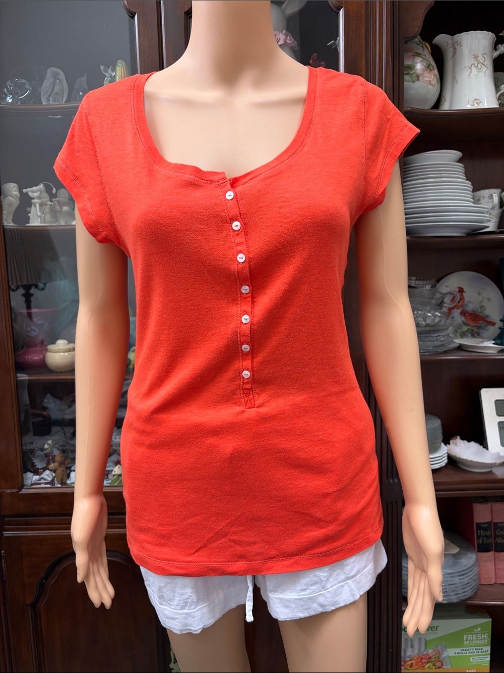 Old Navy Bright Red Short Sleeve Henley Tee